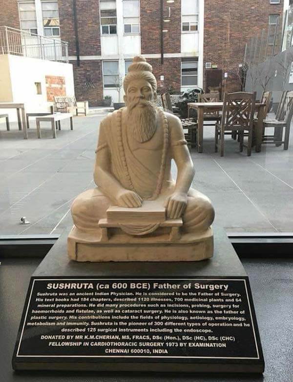 Origin in India, statue of Sushruta, at Royal Australasian College of Surgeons in Melbourne, Australia